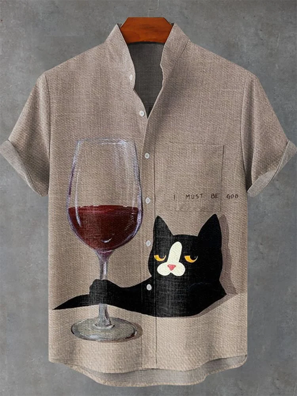 Men's I Must Be God Cat Drinking Red Wine Print Funny Linen Blend Shirt