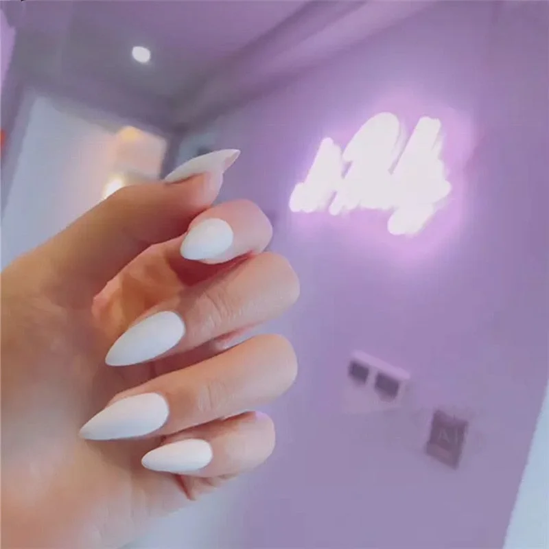 New Full Cover long stiletto nail tips Fashion Japanese Style matte false nails Light Purple Solid Color fake nails with glue 24-Nail Inspo