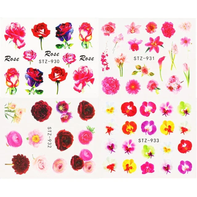 Nail Stickers Water Transfer Spring Summer Multiple Colors Flowers Designs 4Pcs/Set Nail Decal Decoration Tips For Beauty Salons-Nail Inspo
