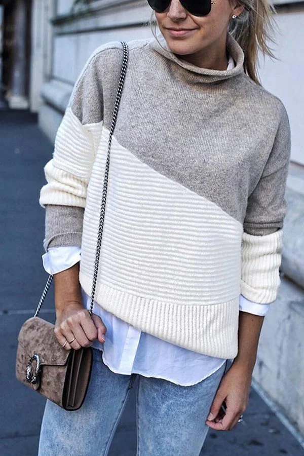 Fashion Color Patchwork Half Turtleneck Pullover