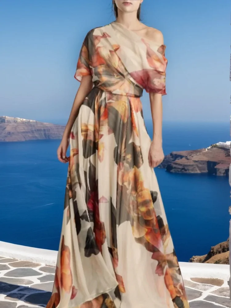 French Sky Blue Asymmetrical Print Chiffon Long Dresses Summer