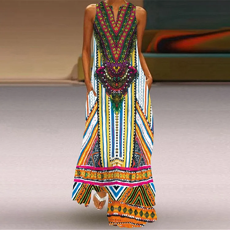 African Classic Tribal Print Pocket Maxi Dress