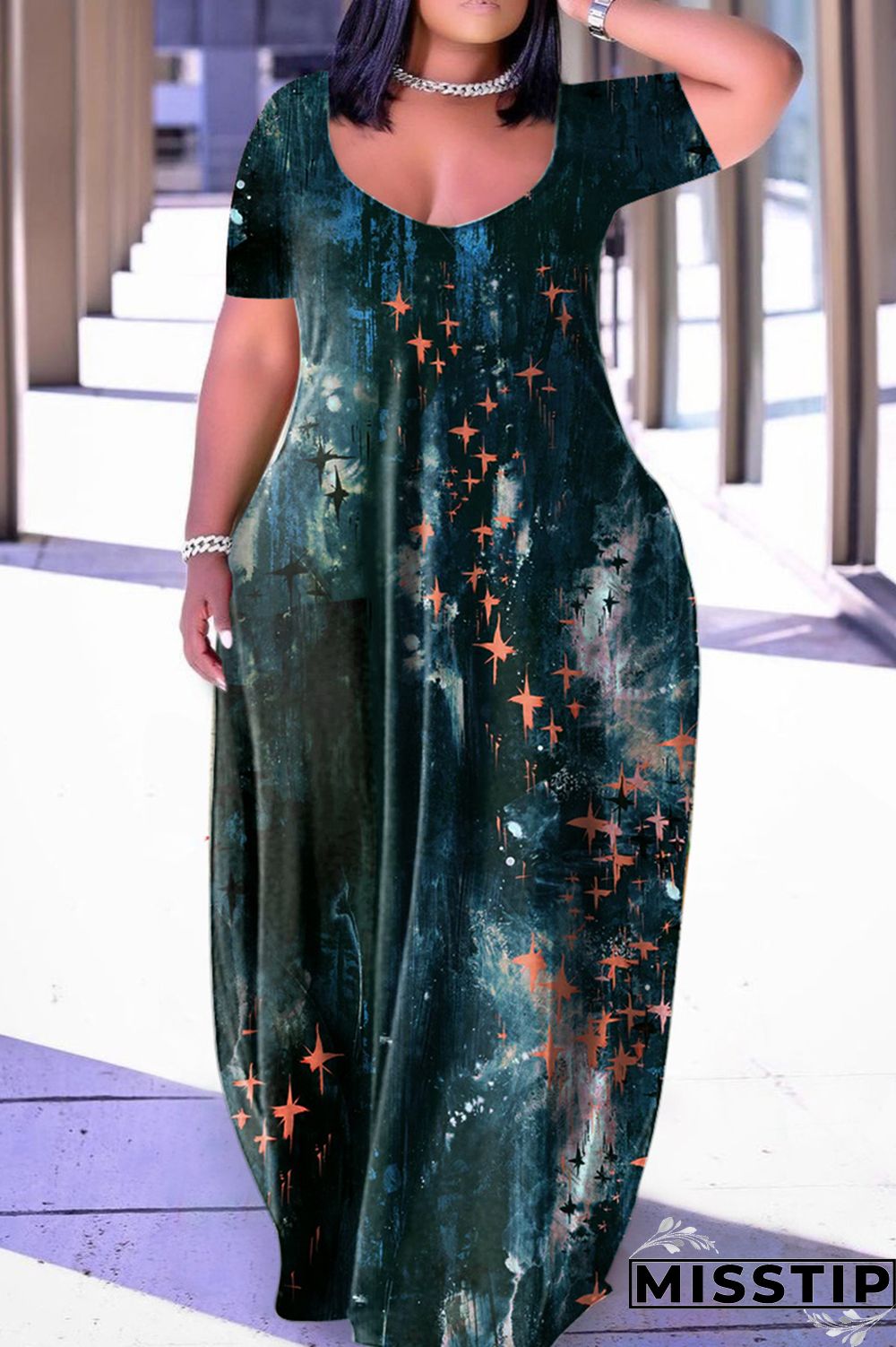 Dark Blue Casual Print Basic V Neck Short Sleeve Dress Dresses