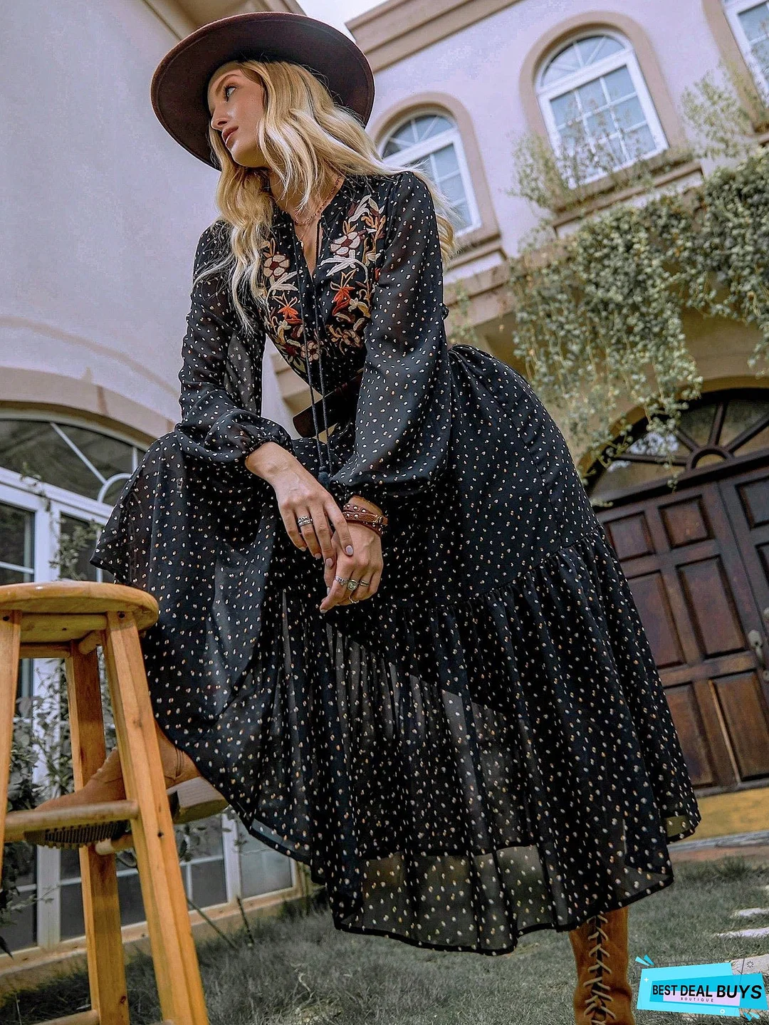Embroidered Polka Dot Tie Neck Long Sleeve Midi Dress