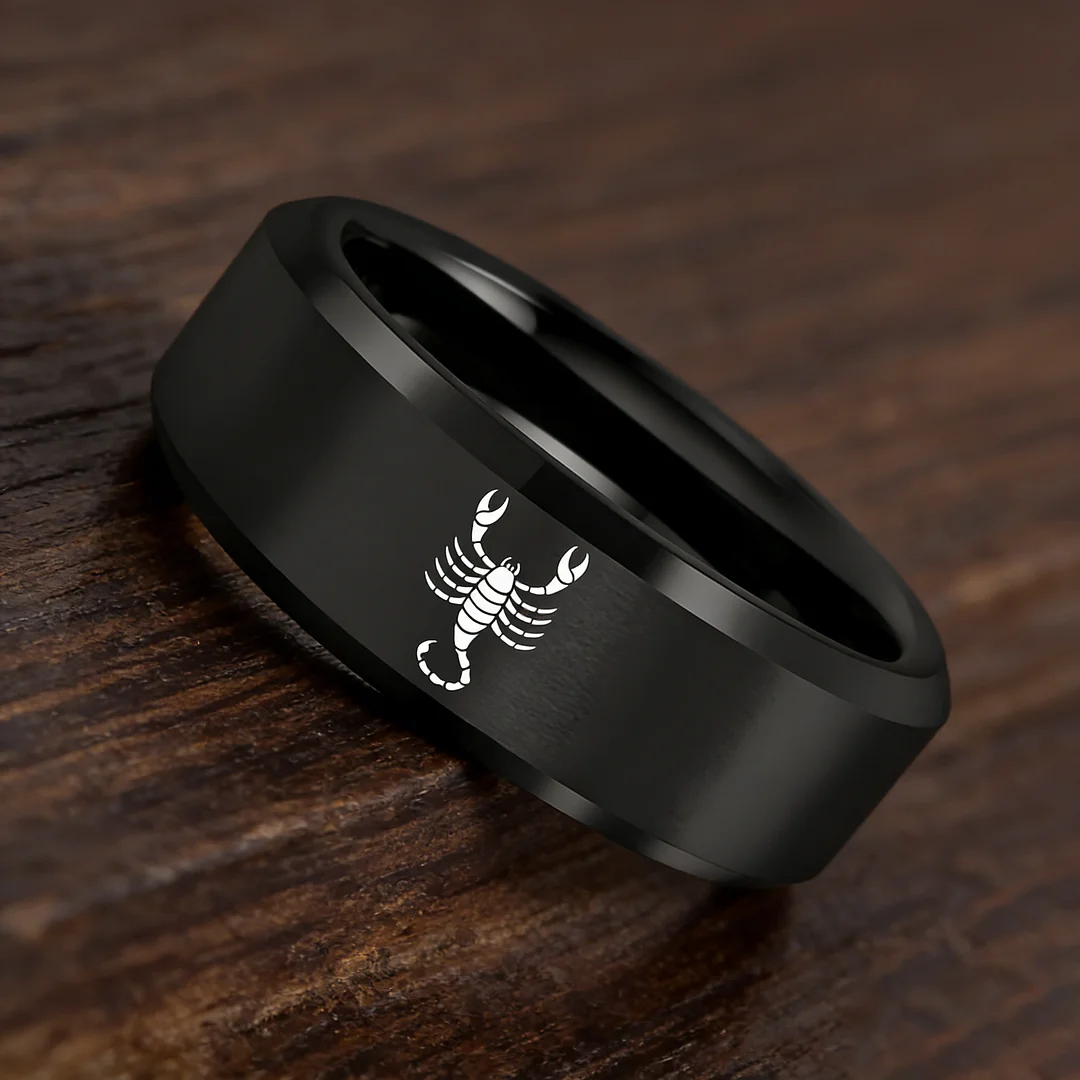 Black Scorpio Tungsten Wedding Ring Beveled Edges Black Laser Etched Couple Tungsten Carbide Rings 4MM 6MM 8MM
