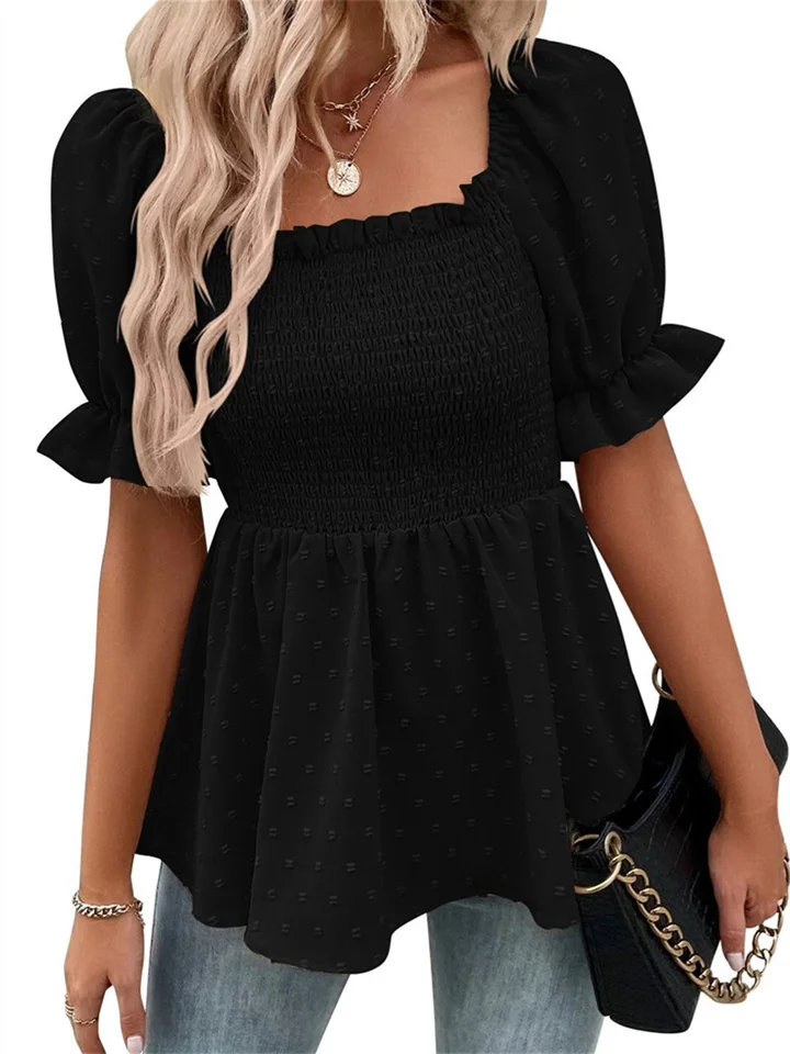 Summer New Women's Solid Color Square Collar To Play The Ruffle Short-sleeved Three-quarter Sleeve Pressure Crease Sweet and Lovely Top-Mixcun