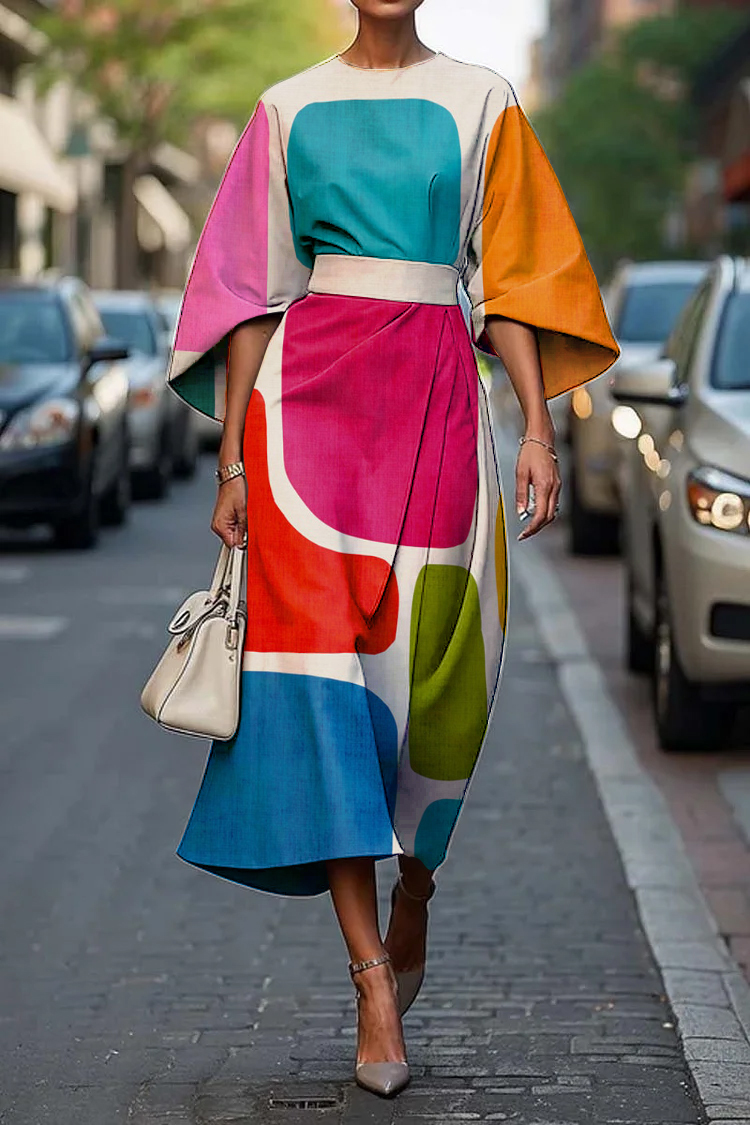 Women's Elegant Abstract Art Print Midi Dress