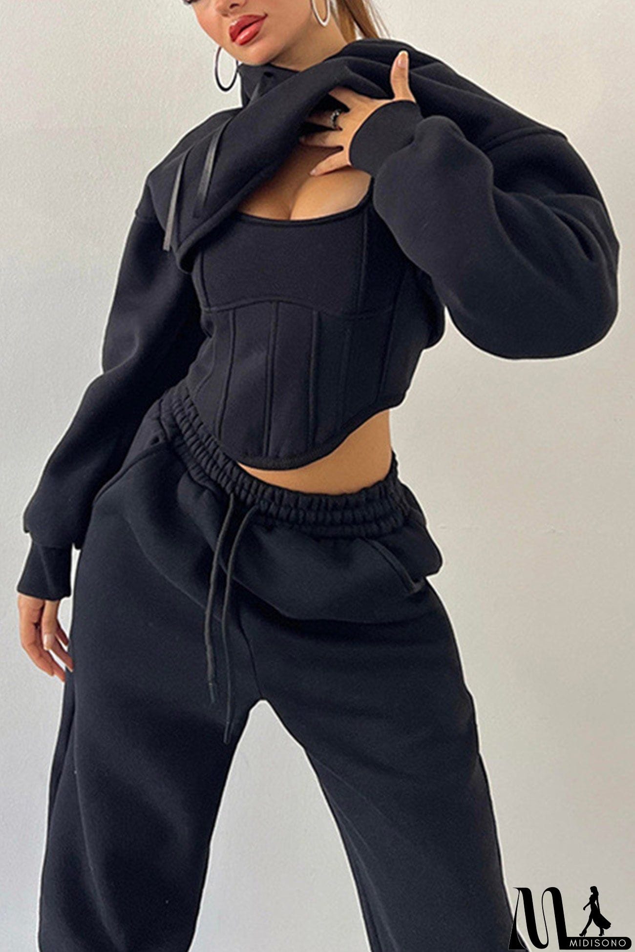 MidiSono - Cover-up Hoodie Corset Vest Three-piece Pants Suits