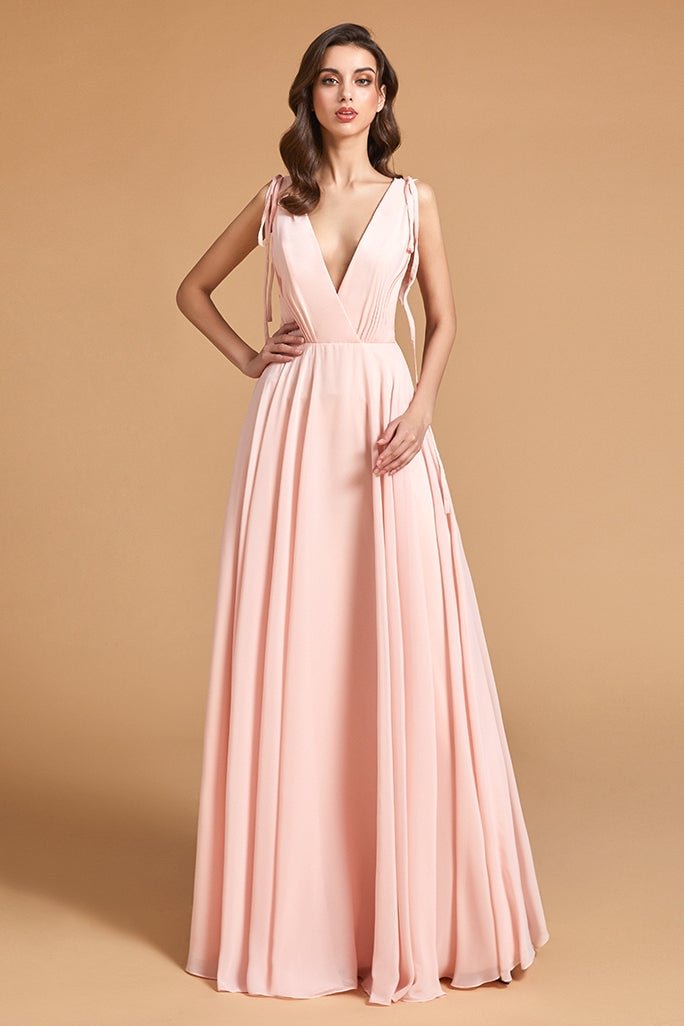 V-Neck Pink Backless Bridesmaid Dress | Ballbellas Ballbellas
