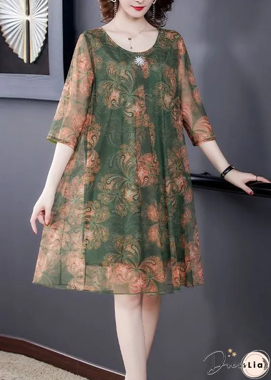Loose Orange O Neck Print Tulle Dress Summer
