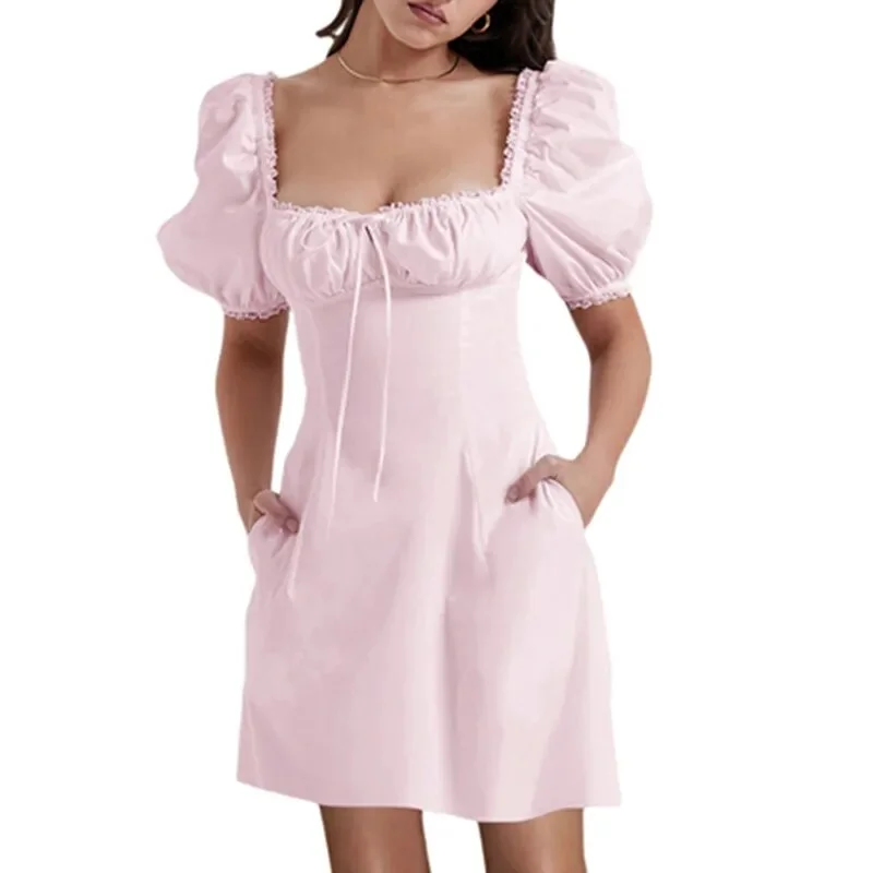 Uveng Corset Dress Women Solid Color Lace Trim Square Collar Spaghetti Strap Sleeveless A Line Mini Dress y2k Dresses Clubwear