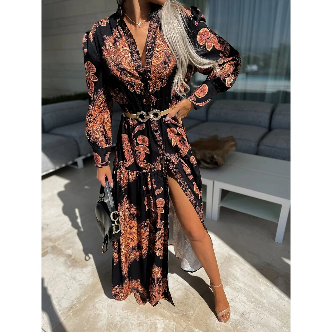 Ethnic Floral V-Neck Long Sleeve Pocket Split Maxi Dress