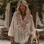 Women's Vintage Pink Floral Art Print Flowy Linen Blend Casual V Neck Tops - Image 2