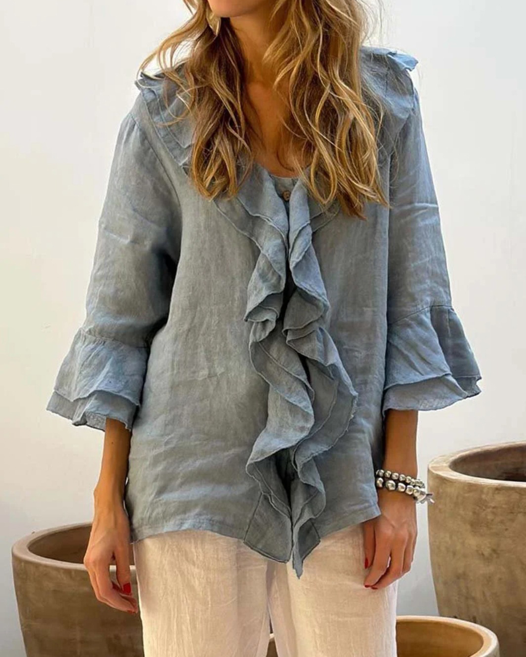 Ruffled Detail V Neck Three Quarter Sleeve Solid Color Blouse