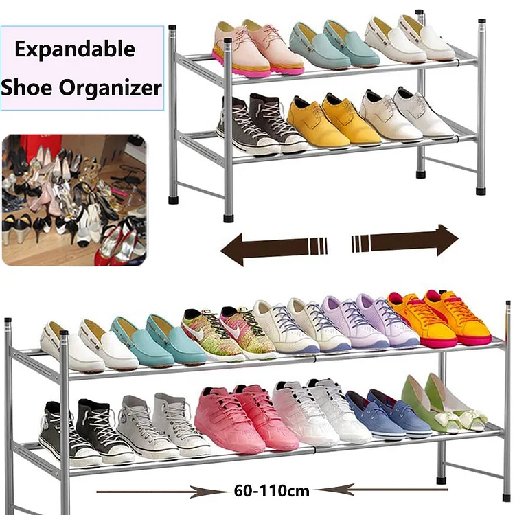 Expandable Shoe Rack,2 Tiers Shoe Shelf,Closet Shoe Organizer for Closet 12 Pairs,Large Capacity Shoe Rack with Solid Shelf for Entryway, Hallway, Living Room, Bedroom,Gray