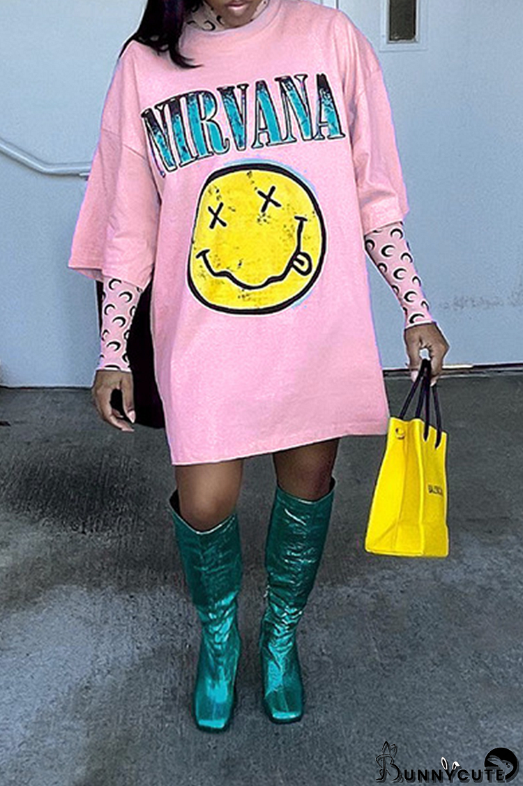 Pink Casual Print Patchwork O Neck Straight Dresses