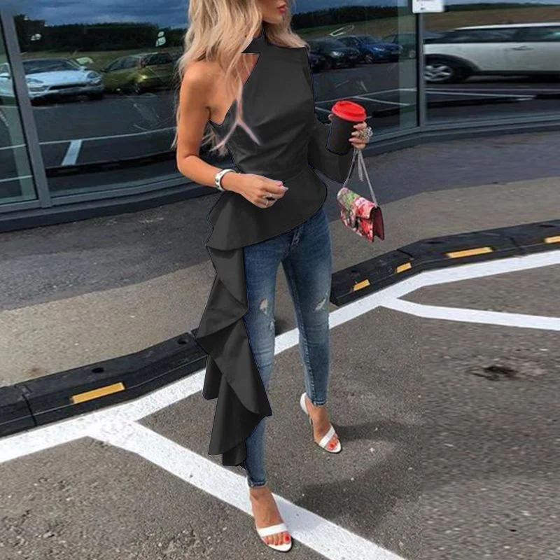 Women Blouse VONDA 2022 Ladies Off Shoulder Asymmetric Long Shirts Sexy One Sleeve Irregular Office Tops Bohemian Blusas