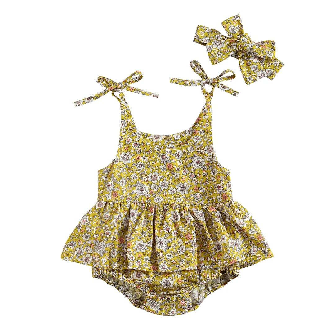 Infant Baby Girl Summer Floral Casual Suit, Round Neck Elastic Lace-up Sling Romper Dress, Bow Headband