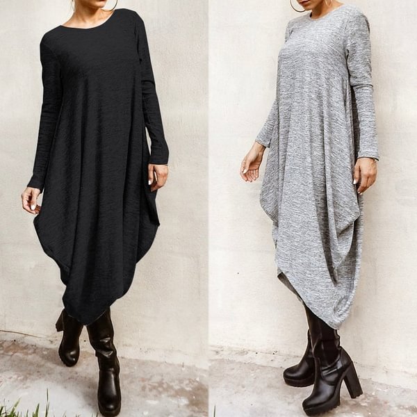 Zanzea Women Fashion Casual Loose Long Sleeve O Neck Irregular Hem Long Midi Kaftan Abaya Gown Plain Baggy Oversized Dress Plus Size - BlackFridayBuys