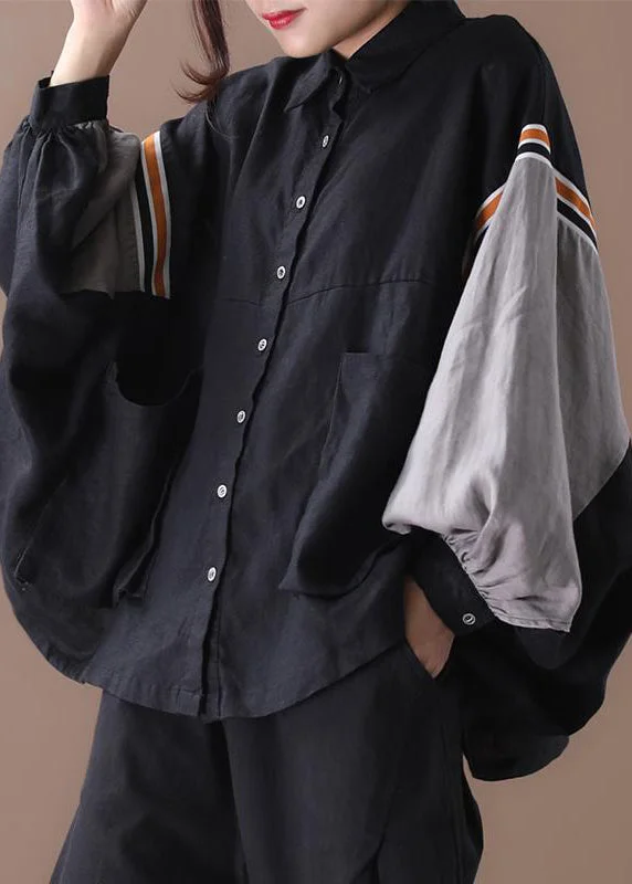 Plus Size Black Button Pockets Patchwork Cotton Shirt Batwing Sleeve