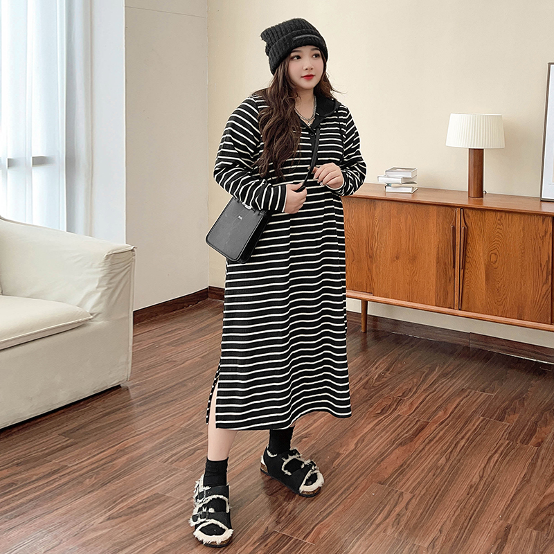 Autumn-Winter Striped Knit Hoodie Dress for Women - Plus Size,  Slimming Side-Split Maxi