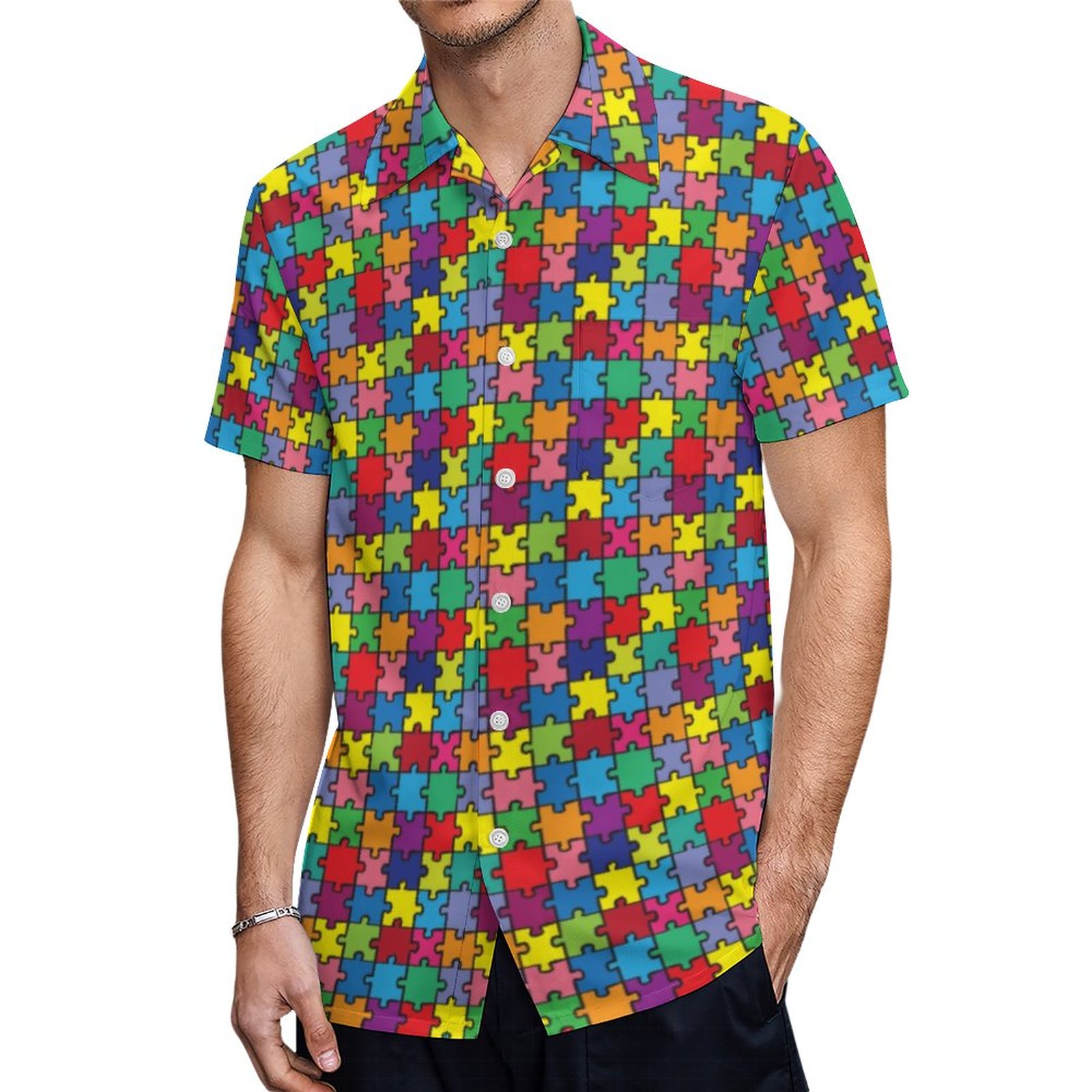 Colorful Puzzle Piece Autism Awareness Hawaiian Shirt Mens Button Down Plus Size Tropical Hawaii Beach Shirts