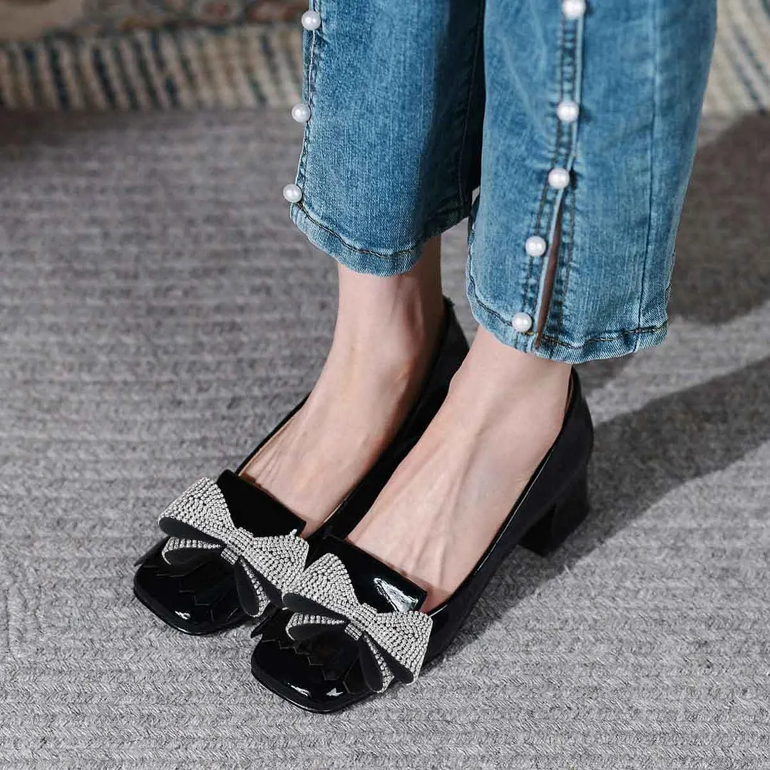 Rhinestone Bow Square Toe Chunky Heel Fringe Black Pumps for Women