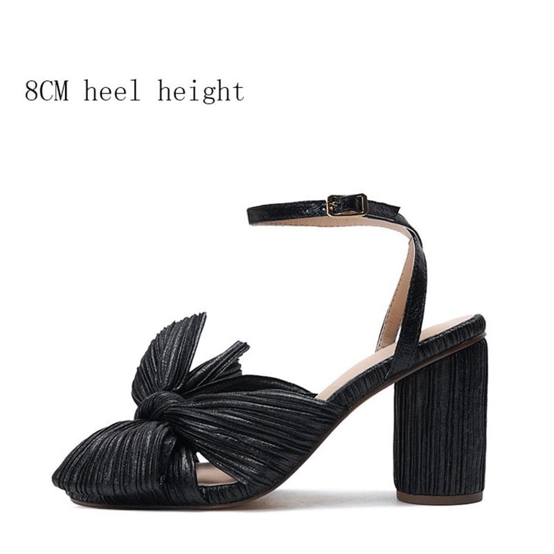 Women Sandals New Brand Summer Shoes Pleated Bow-Knot Round Heels Open Toe Dress Shoes Big Size Party Wedding Shoes