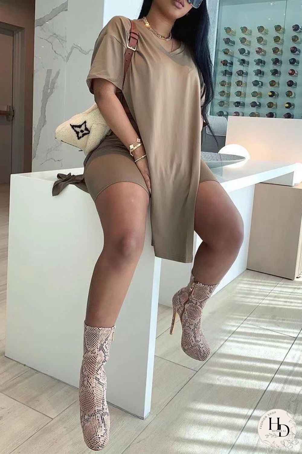 Coffee Fashion Casual Solid Slit V Neck Short Sleeve Two Pieces