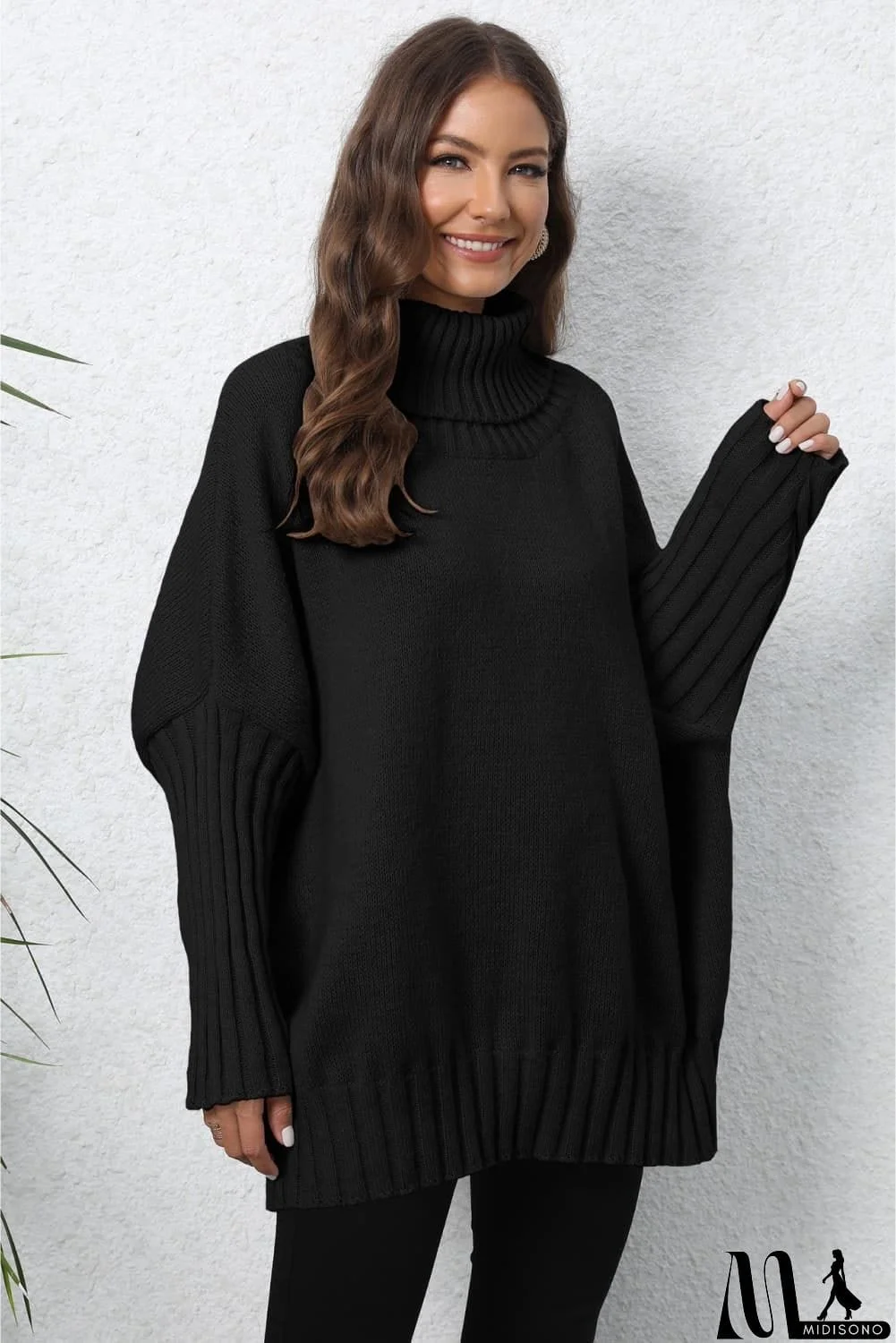 MidiSono - Turtle Neck Long Sleeve Ribbed Sweater