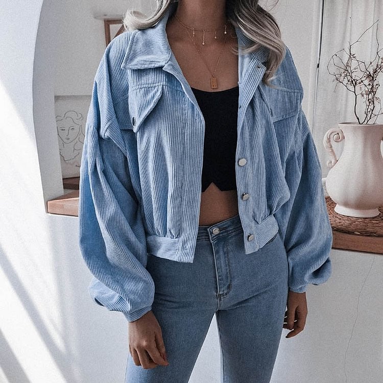 Fashion Women Corduroy Lantern Long Sleeves Lapel BF Style Jacket Fall Winter Elegant Solid Color New Loose Casual Short Jackets
