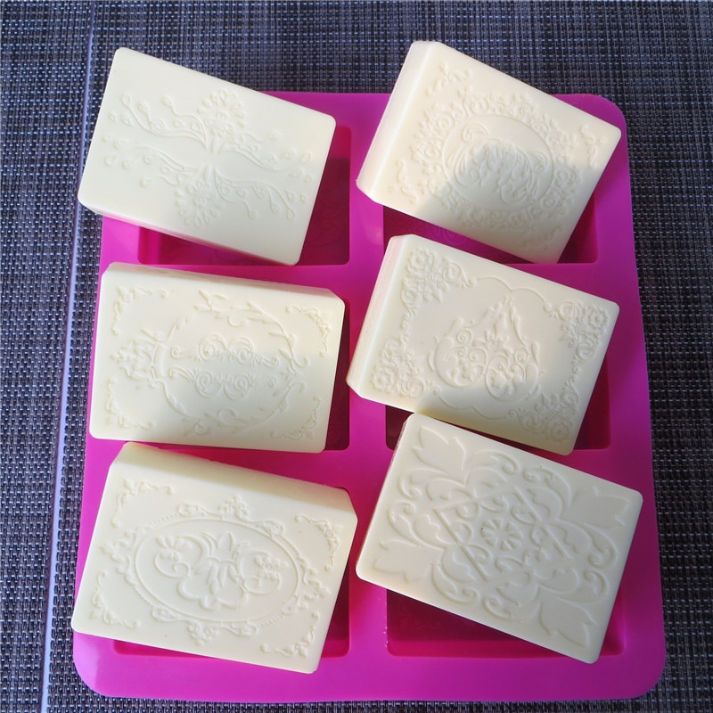 6 grid Handmade Soap Silicon Mold 6 types Floral Pattern Flat Bottom Essential oil Toilet Soap DIY Baking Cake Square Mold