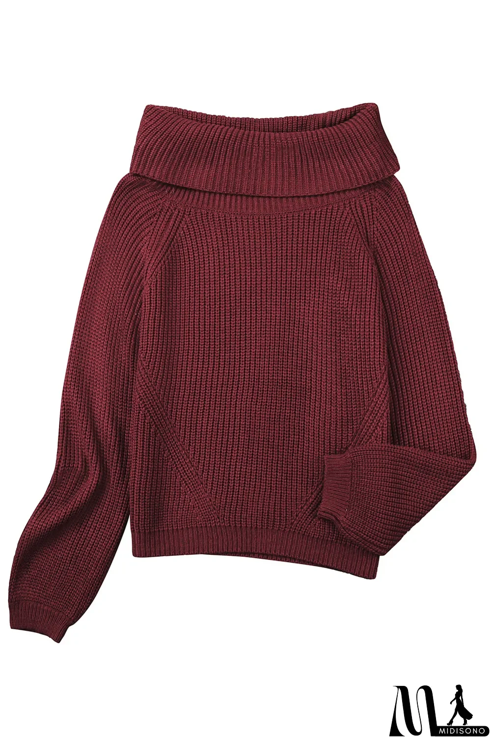 MidiSono - Red Ribbed Knit Foldover Off Shoulder Sweater