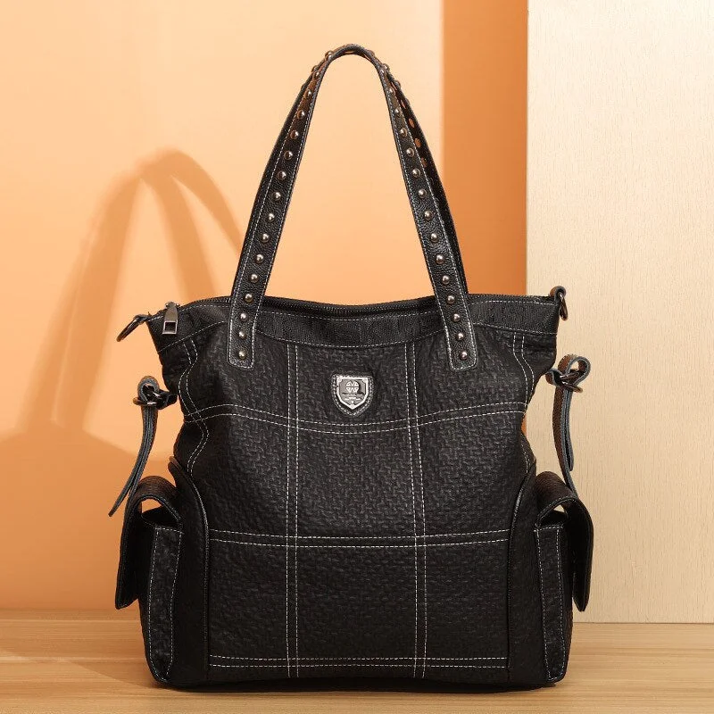 2022 Large Capacity Bag Women Black Leather Handbags Simple Elegant Women's Single Shoulder Bag Female Genuine Leather Handbag