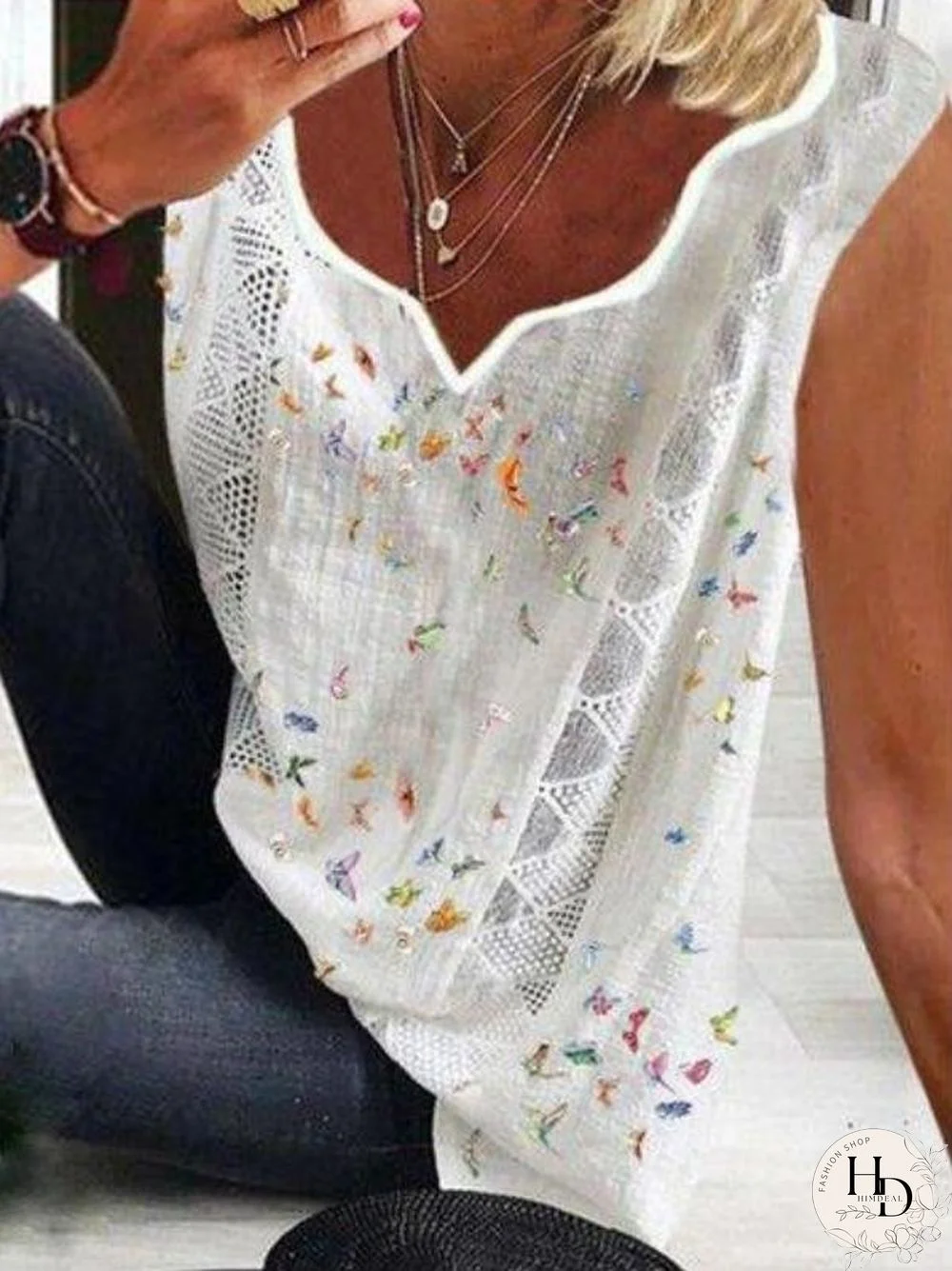 Colorful Printed Embroidery Eyelet Tank Top