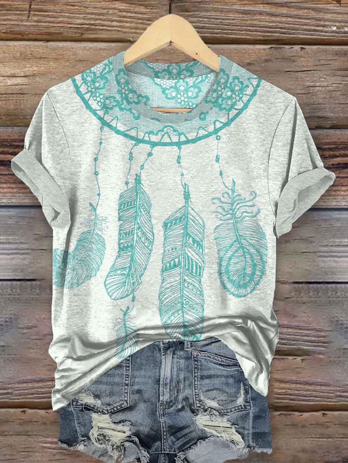 Retro Feather Art Graffiti Women's Print T-shirt