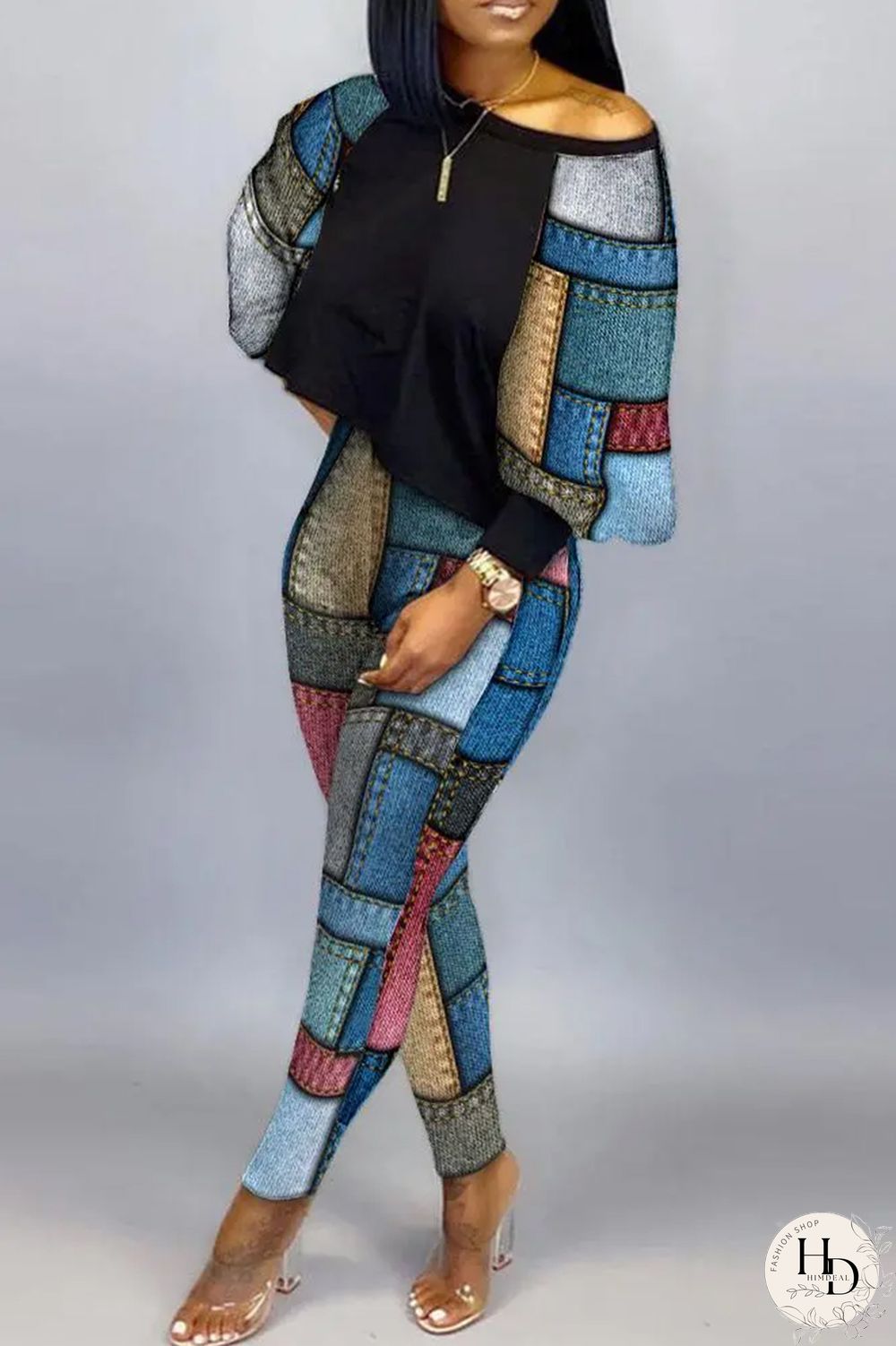 Burgundy Sexy Casual Print Patchwork Contrast O Neck Long Sleeve Two Pieces