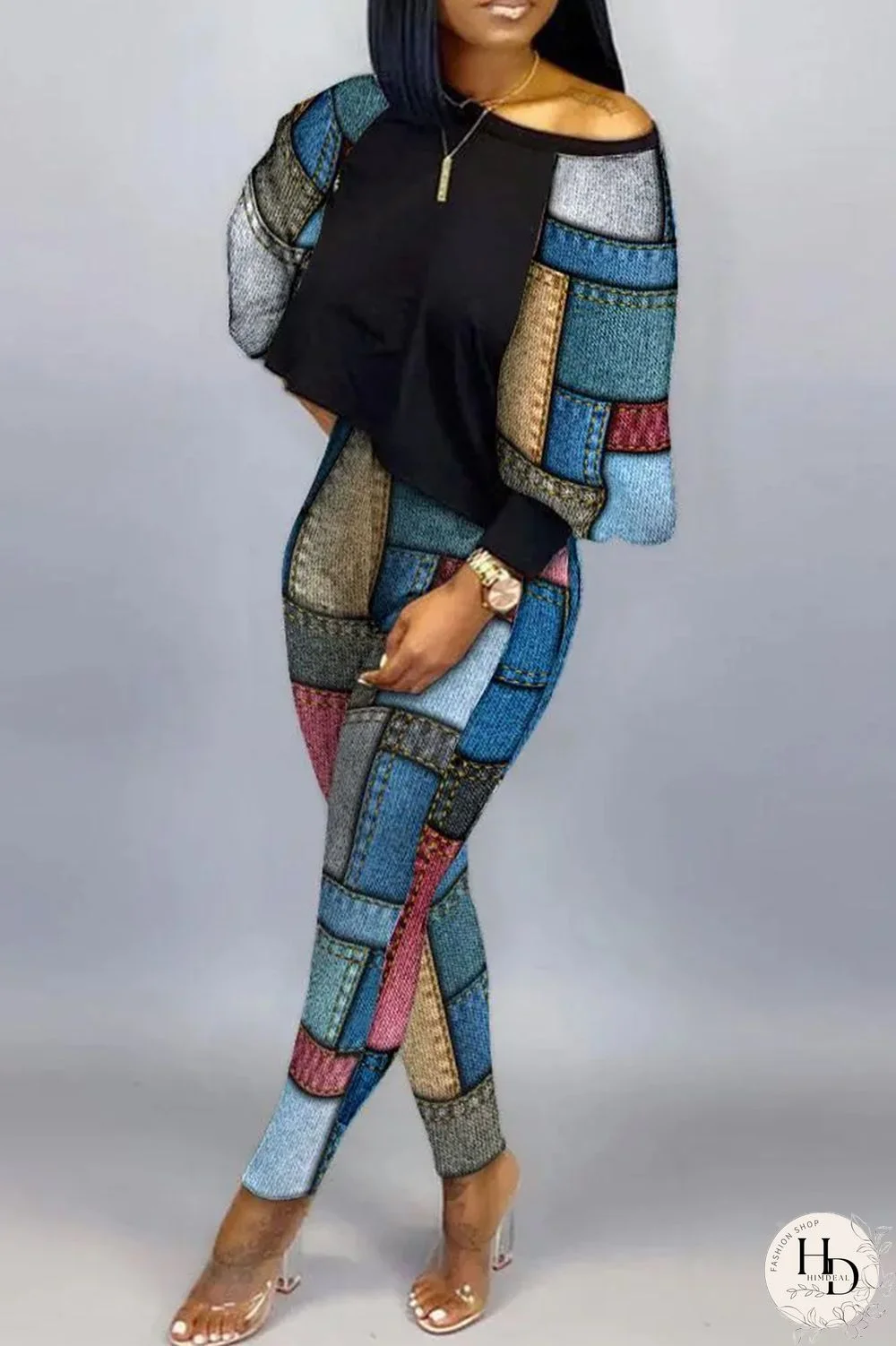 Burgundy Sexy Casual Print Patchwork Contrast O Neck Long Sleeve Two Pieces