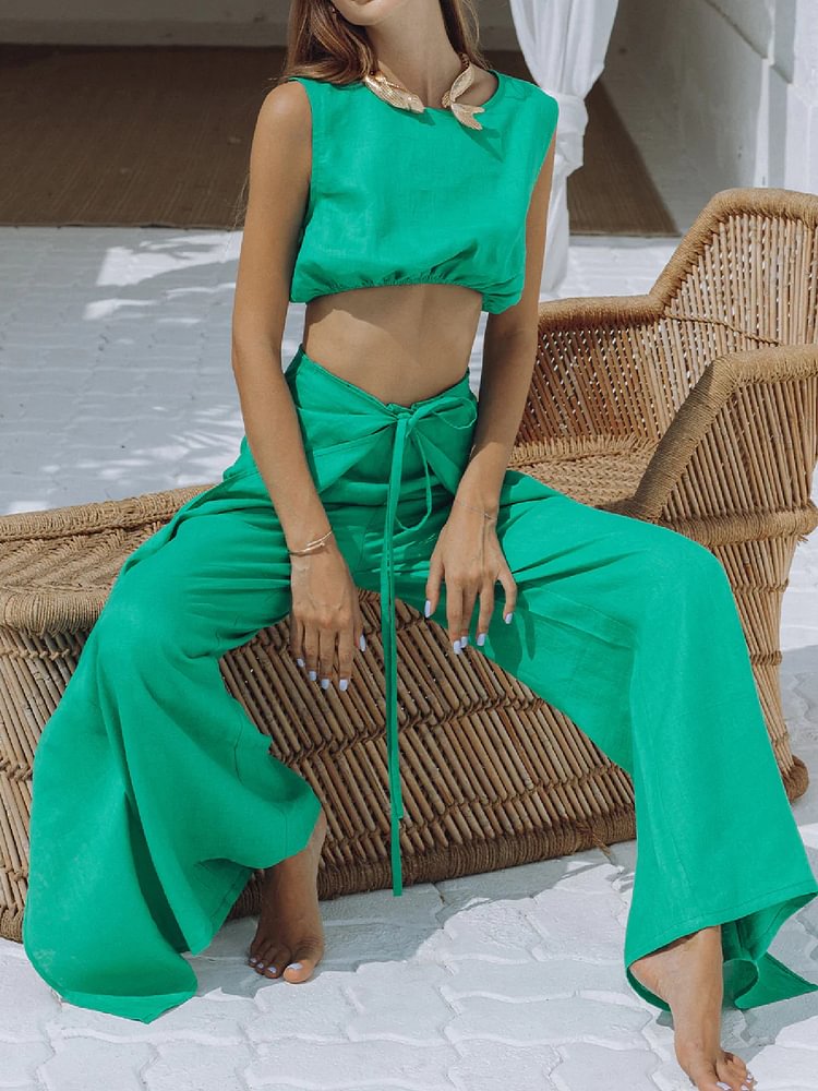 Linen Green Sleeveless Tank Top Trouser Set