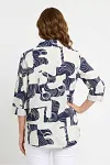 Back view of artistic print summer blouse showing relaxed tailored fit and collar detail