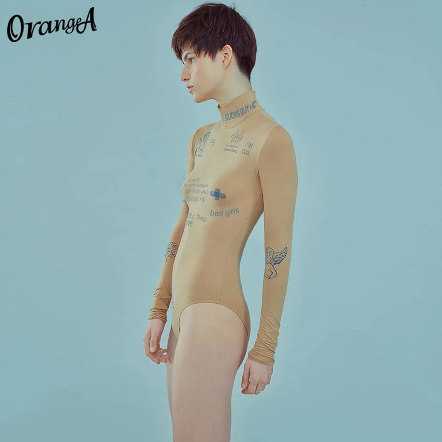 OrangeA Summer Women Slim Casual Letter Print Bodycon Bodysuit Long Sleeve Turtleneck Elastic Sporty Fitness Skinny Streetwear