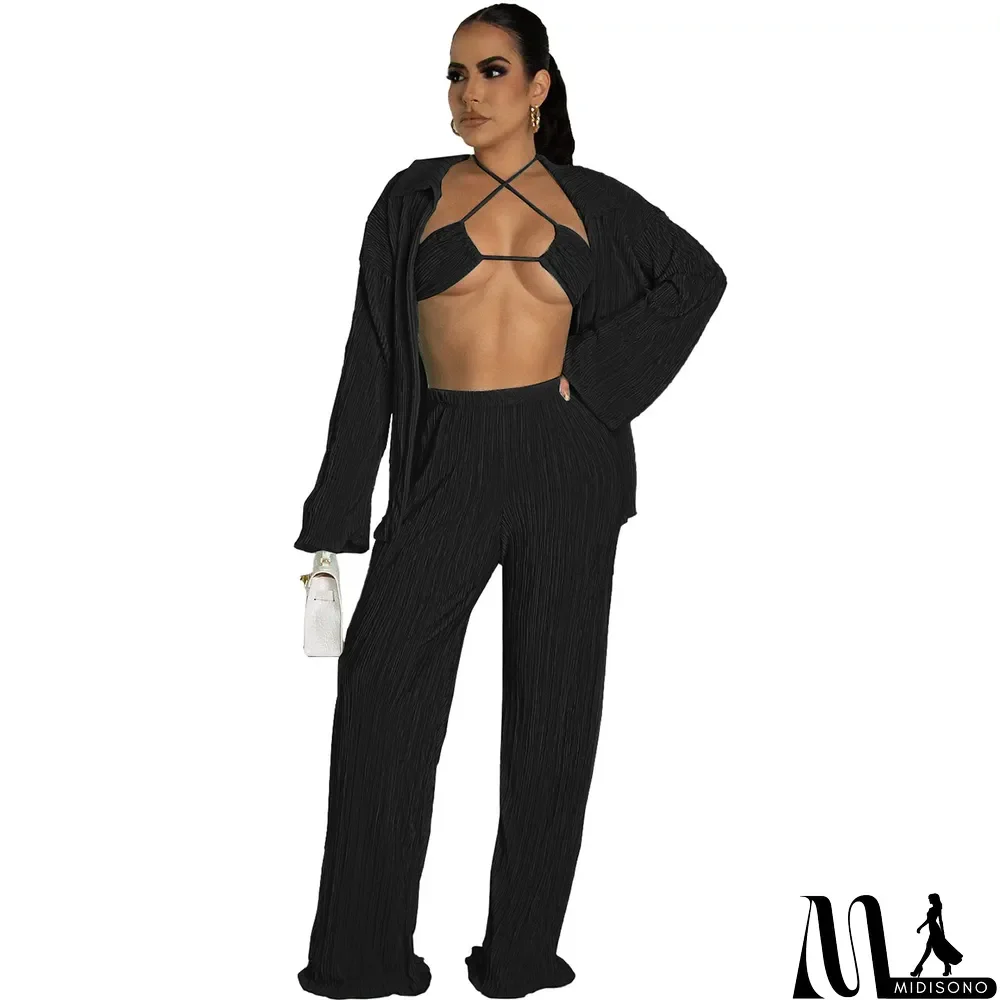 MidiSono - Fall Solid Color Wide Leg Pants Three-Piece Set