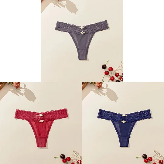 Boycrud 3PCS Women Sexy Lace Panties Low-waist  Temptation Underwear T-Back Thong Female G String Breathable Lingerie Briefs Embroidery