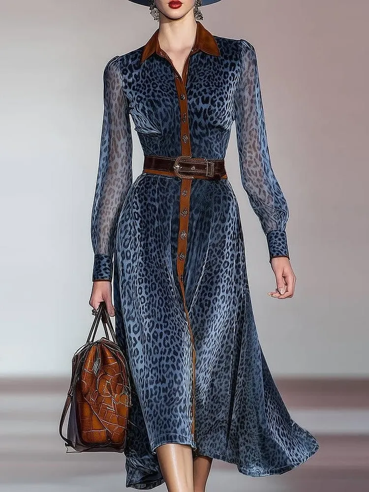 Blue Leopard Print Colorblock Lapel Midi Dress