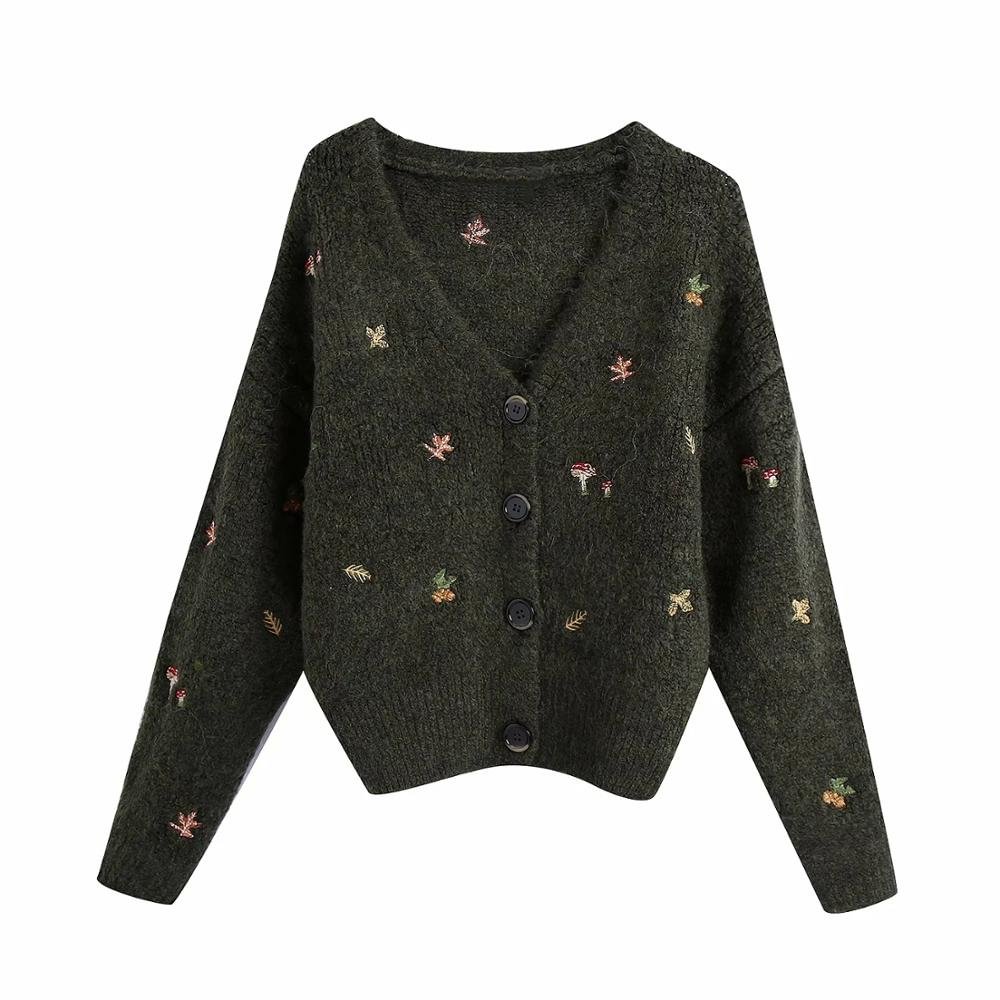 XNWMNZ Za women Vintage knit cardigan with embroidery Long sleeves V-neck ribbed trims Cardigan Female Elegant sweater Outerwear