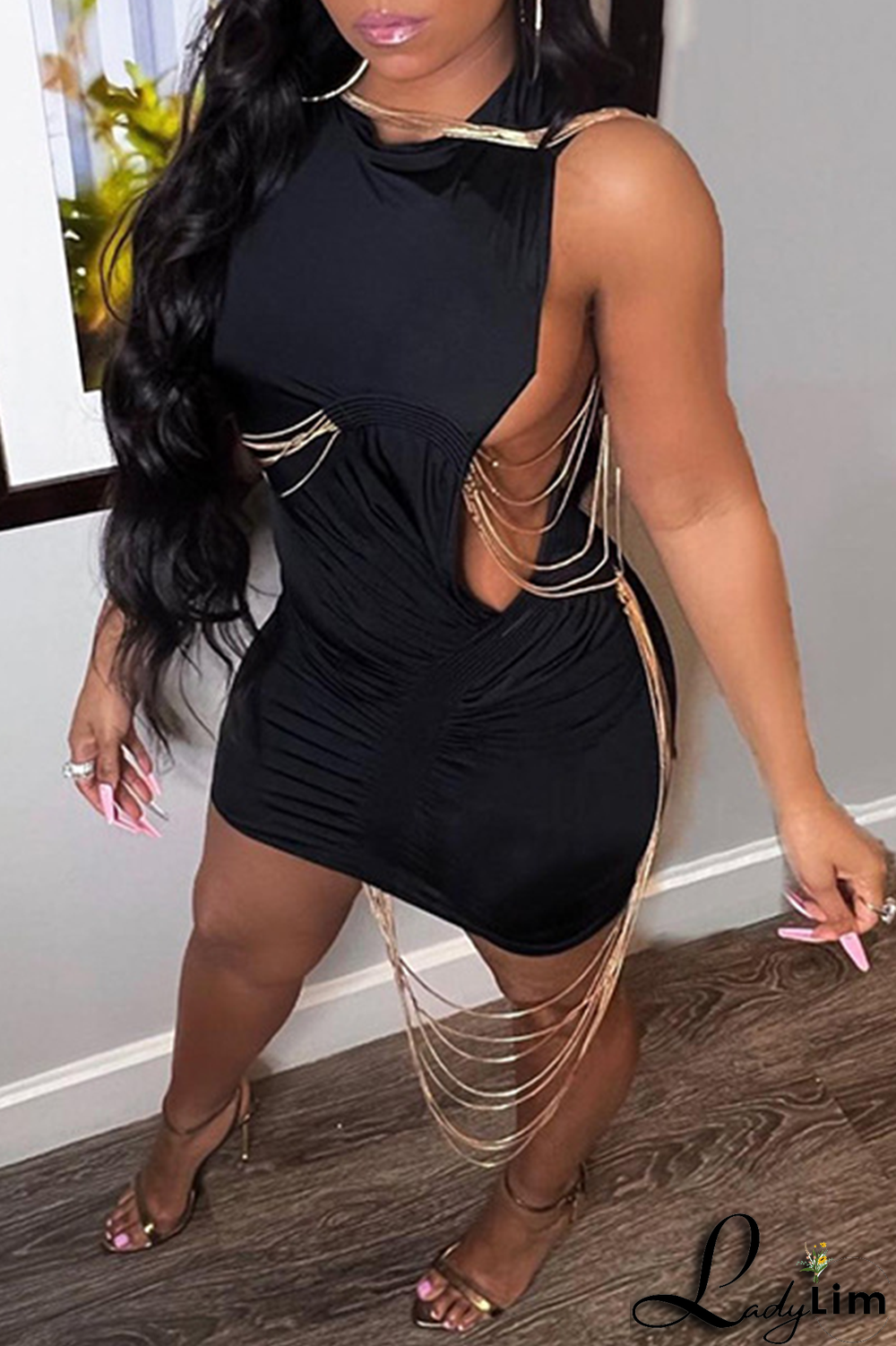 Black Casual Solid Chains O Neck Pencil Skirt Dresses