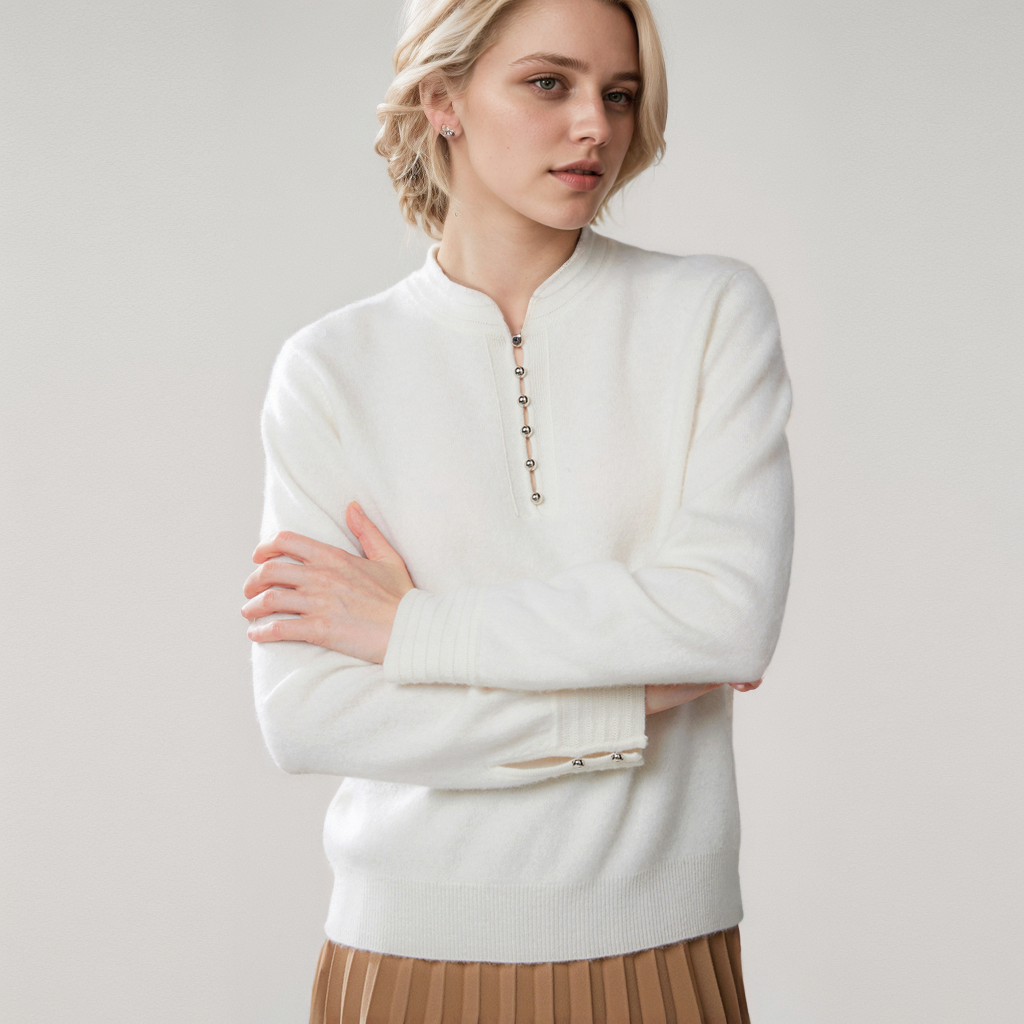 Pull en cachemire boutonné semi-col roulé- SOIE PLUS