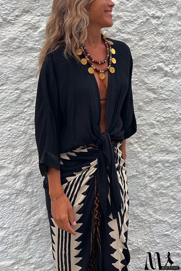 MidiSono - Satin Tie Front Relaxed Blouse