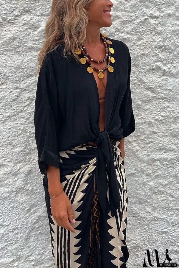 MidiSono - Satin Tie Front Relaxed Blouse