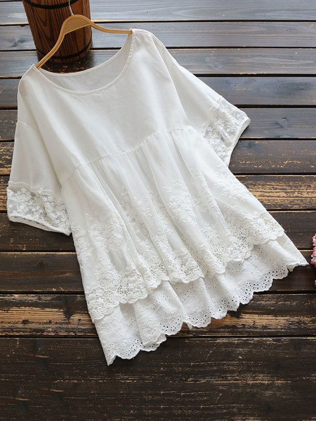 Women's Short Sleeve Stitching Lace Linen Blouse